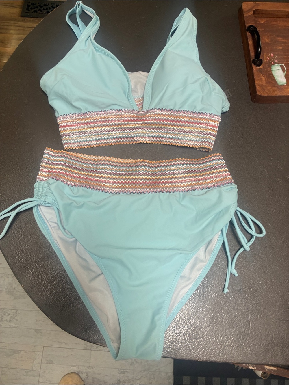 Light Aqua Two-Piece Bikini with Multicolor Smocked Band